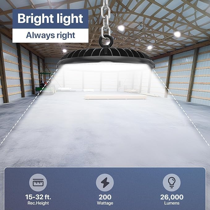 Hyperlite UFO LED High Bay Light 200w LED High Bay Light 26000lm LED Shop Light with 5000k with US Plug High Bay Lights for Commercial Bay Lighting 16-20ft Workshop Warehouse Factory Gym Barn ETL - Image 2